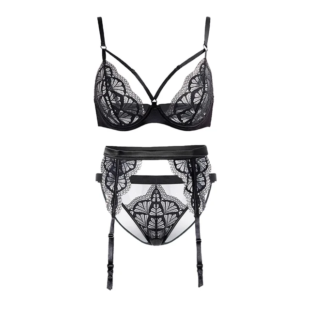 Women Strap Bra Garter Panty Underwear Set Lace Push Up Bra Sexy Leg