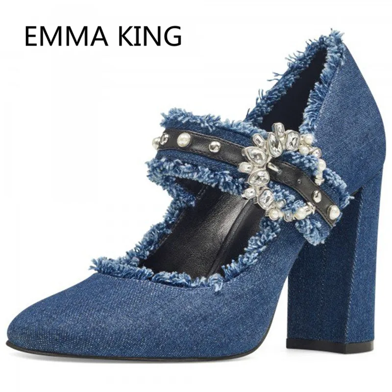 

Simple Design Blue Denim Women Pumps Pointed Toe Mary Janes Party Wedding Shoes Woman Spring Cutout Sexy Chunky High Heels Pump