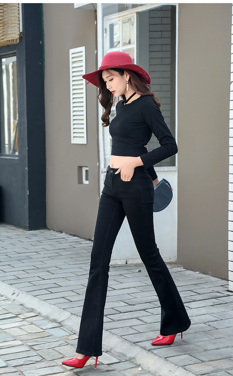 Стрейчевые эластичные черные расклешенные джинсы с низкой талией, женские длинные эластичные расклешенные джинсы для девочек, штаны женские джинсы#1-9099