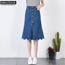 NBHUZEHUA X1808 Летняя джинсовая юбка для женщин, большие размеры, Повседневная джинсовая юбка с завышенной талией, с пуговицами, с разрезом спереди, 5XL 6XL 7XL
