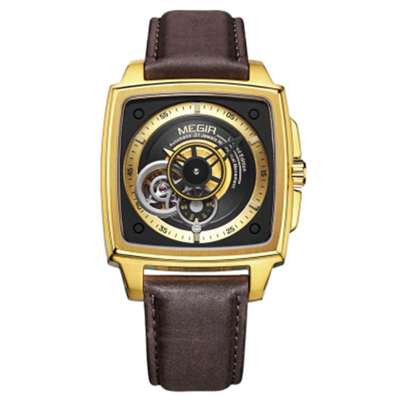

Automatic mechanical watch hollow sports business men's watch leather belt stainless steel square wristwatch