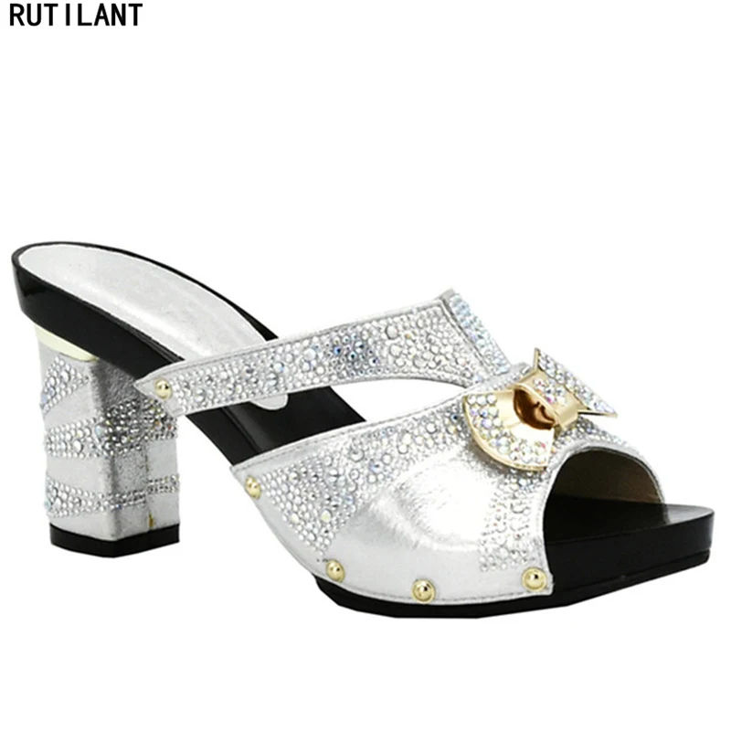 

Sliver Color African Wedding Shoes Open Toe Ladies Sandals Shoes Party Wedding Shoes Decorated with Rhinestone Nigerian Shoes