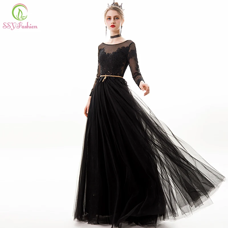 

SSYFashion New Black Evening Dress Robe De Soiree Long Sleeve Foor-length Elegant Lace Appliques Backless Party Formal Gowns