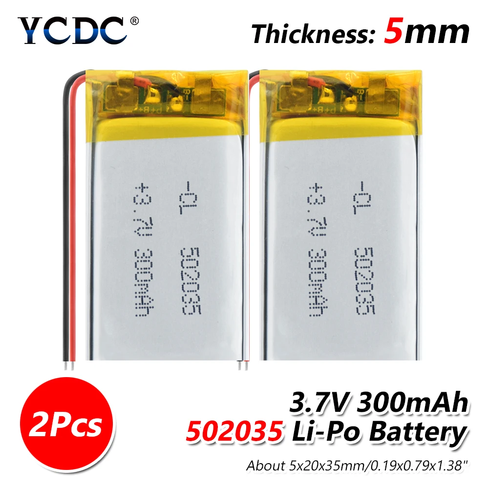Поставка литиевая батарея литиевая полимерная аккумуляторная батарея 502035 300mAh 3,7 V для MP3 MP4 MP5 gps psp MID Bluetooth гарнитура - Цвет: 2 PCS