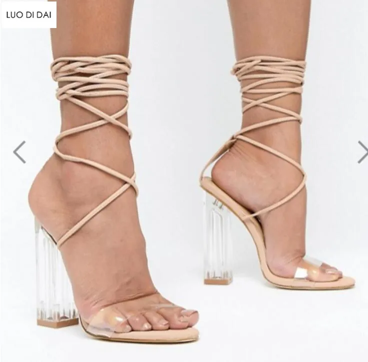 Lace Offene Up 2019 Klar Hochzeit Beige Schuhe Frauen Gladiator schwarzes Kristall Mode Sandalen Spitze Ferse Pvc Party qqf0BP