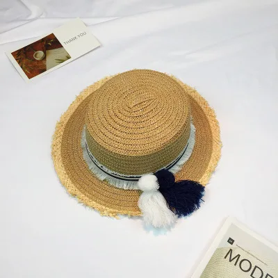 Seioum модная плоская соломенная шляпа канотье для лета для женщин и мужчин с широкими полями пляжные шляпы от солнца с большими кисточками уникальный дизайн соломенная шляпа - Цвет: Khaki
