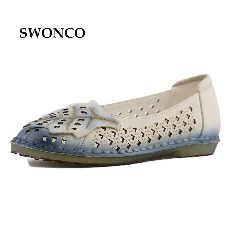 Breathable Cut Out Flat Mother Shoes 2017 New Genuine Leather Soft Comfortable Female Leisure Daily Shoes Sandals 41 Big Size