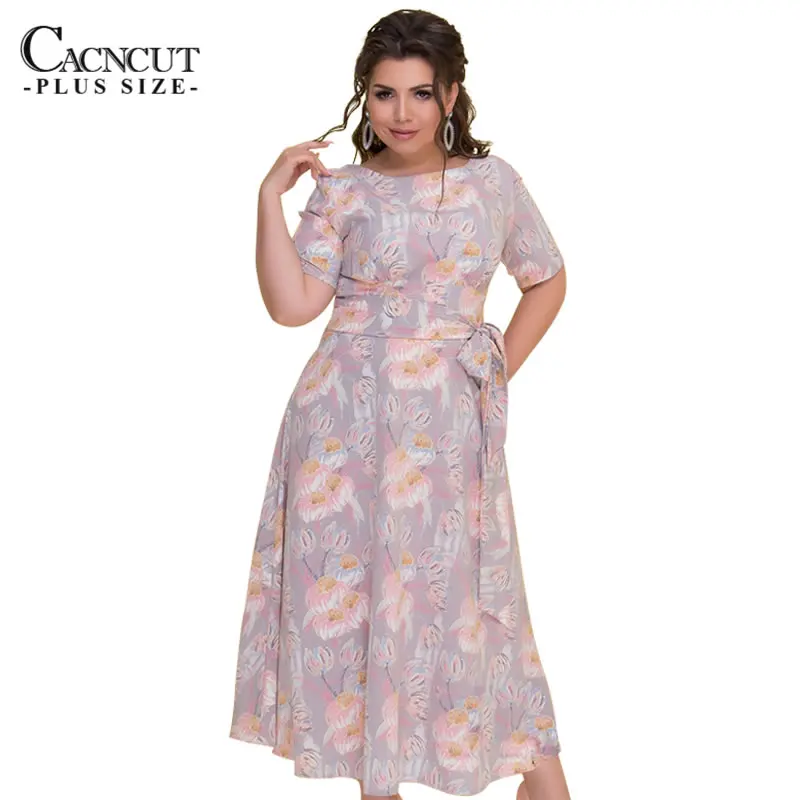 

CACNCUT Fashion Women 2018 Plus Size 6XL Summer Vintage Flower Print Dress Sashes Backless Elegant Big Size Female Dress Vestido