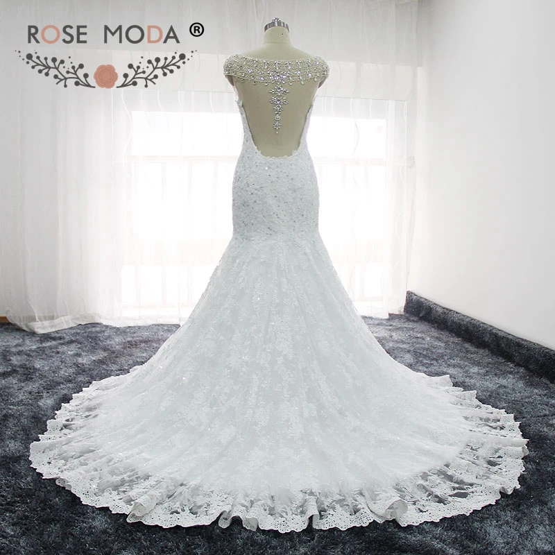 Роза Moda великолепные с открытыми плечами кружево Русалка свадебное платье Свадебные платья со стразами Иллюзия Назад реальные фотографии