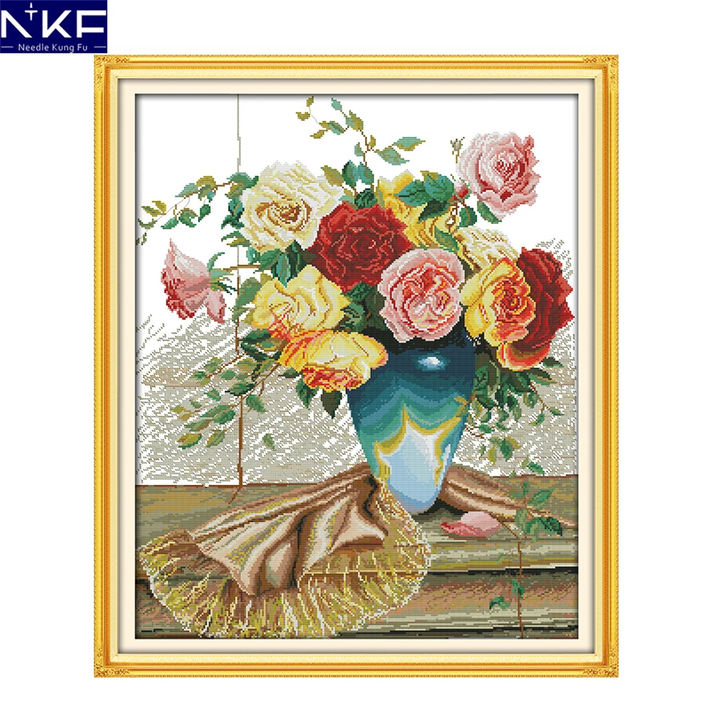 

NKF Colorful Roses Pattern Cross Stitch 11CT 14CT Handicraft Cross Stitch Kits Embroidery Needlework for Home Decoration