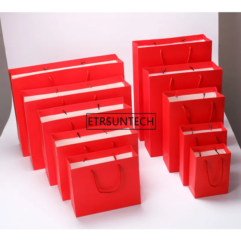 100pcs/lot High Quality 10 Size Red Kraft Paper Bag With Handle Wedding