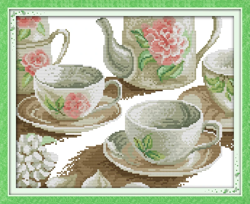 

Rose tea set, counted printed on fabric DMC 14CT 11CT Cross Stitch kits,embroidery needlework Sets Home Decor