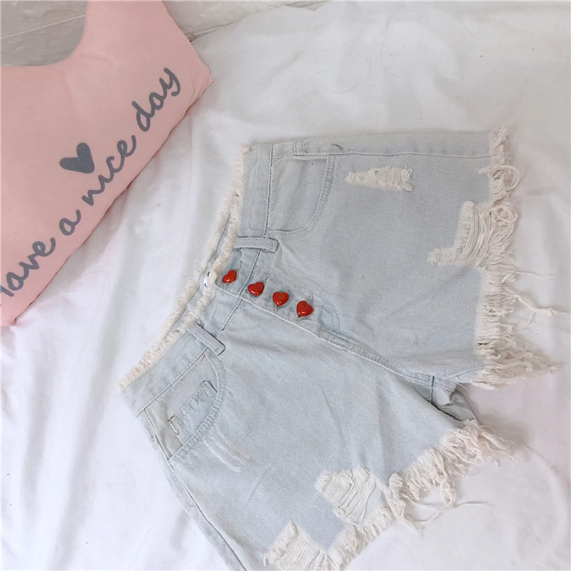 Летние милые модные женские джинсовые шорты в винтажном стиле, с высокой талией, с пуговицами в виде сердца, уличная одежда, рваные джинсы, Harajuku Kawaii, Короткие штаны для девочек