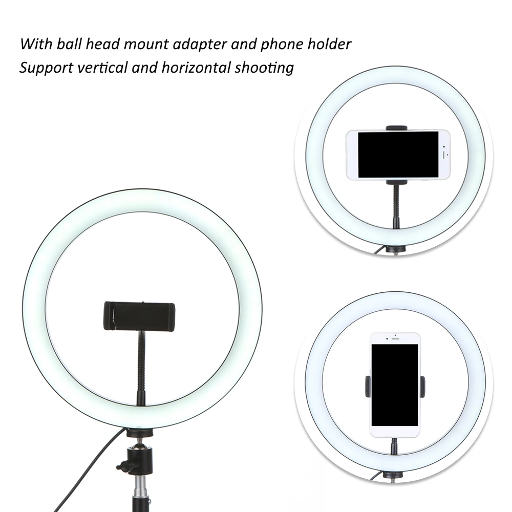 5 в постоянного тока 7 Вт Светодиодный светильник, круглая лампа для селфи-камеры, Телескопический штатив, 10 уровней изменения температуры/угол поворота на 360 °