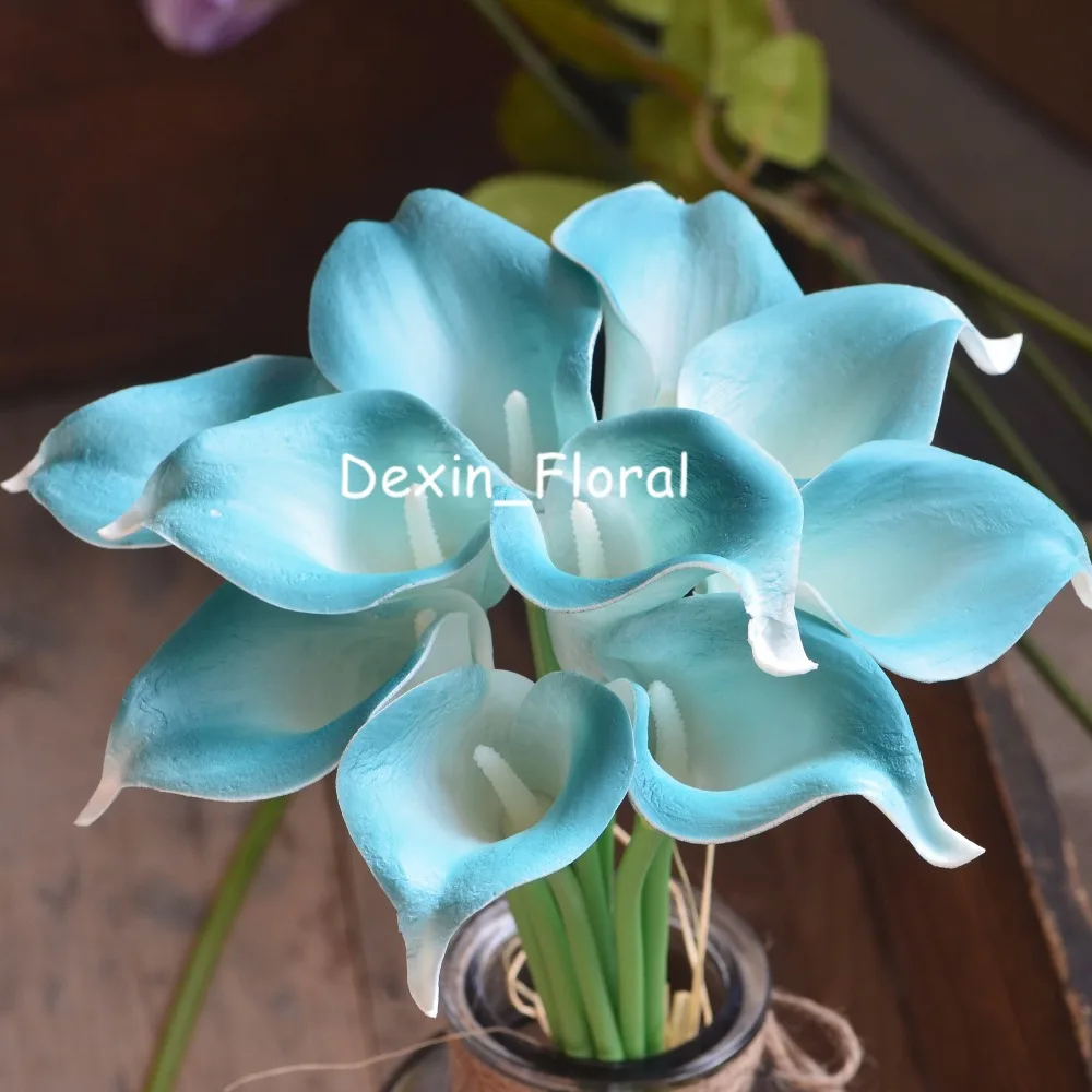 Teal White Center Calla Lilies Real Touch Flowers For Silk Wedding Bouquets Artificial Calla