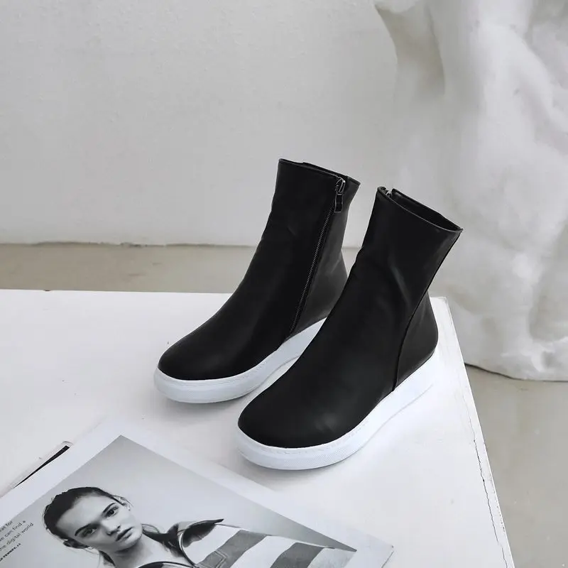 EGONERY/женские ботильоны; теплые уличные плюшевые зимние ботинки на плоской платформе с круглым носком; цвет белый, черный, красный; зимние ботинки - Цвет: Thick plush black