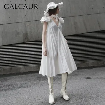 

GALCAUR Summer Solid Dress For Women V Neck Short Sleeve Oversized Midi Pleated Dresses Female Fashion Clothes 2020 Elegant