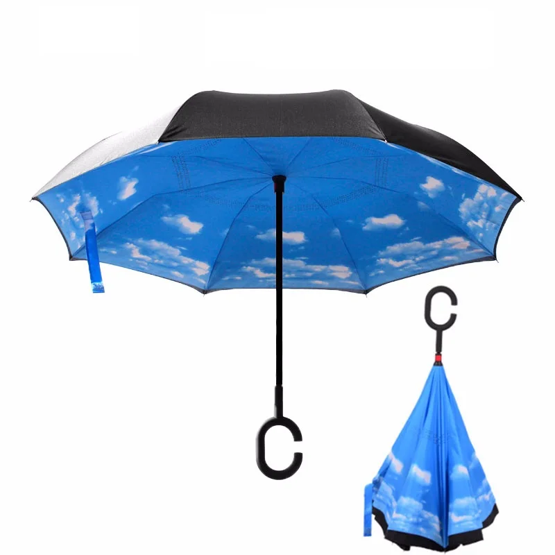 

Inverted Reverse Folding Umbrellas Blue Sky And White Cloud Double Layer Windproof Rainproof UV Protection Long Handle Unbrellas