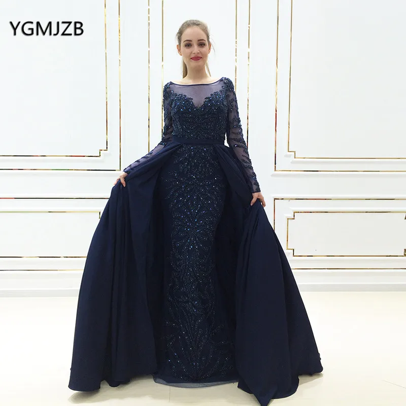 

Real Photo Robe De Soiree Long Sleeves Luxury Evening Dress 2018 Marmaid Beads Crystal Women Arabic Formal Party Gown Prom Dress
