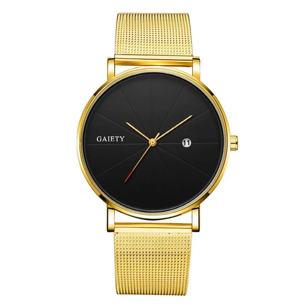 Модные часы для мужчин, водонепроницаемые, тонкий сетчатый ремешок, минималистичные наручные часы для мужчин, Кварцевые спортивные часы, часы Relogio Masculino - Цвет: Gold Black