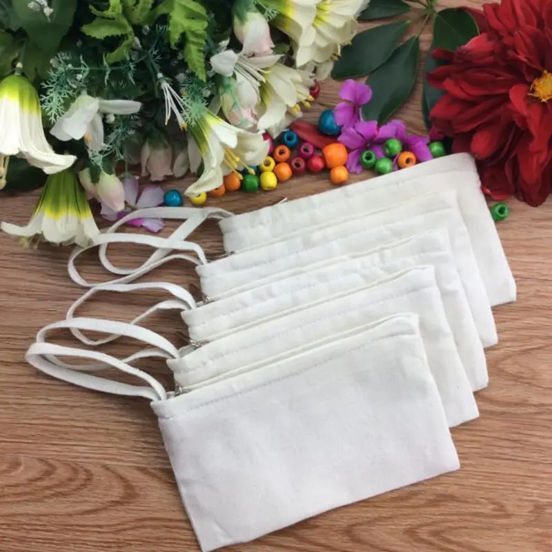 DIY Women Blank Plain Zipper Makeup Bag Phone Storage Bag White Cotton Canvas Coin Bags ...