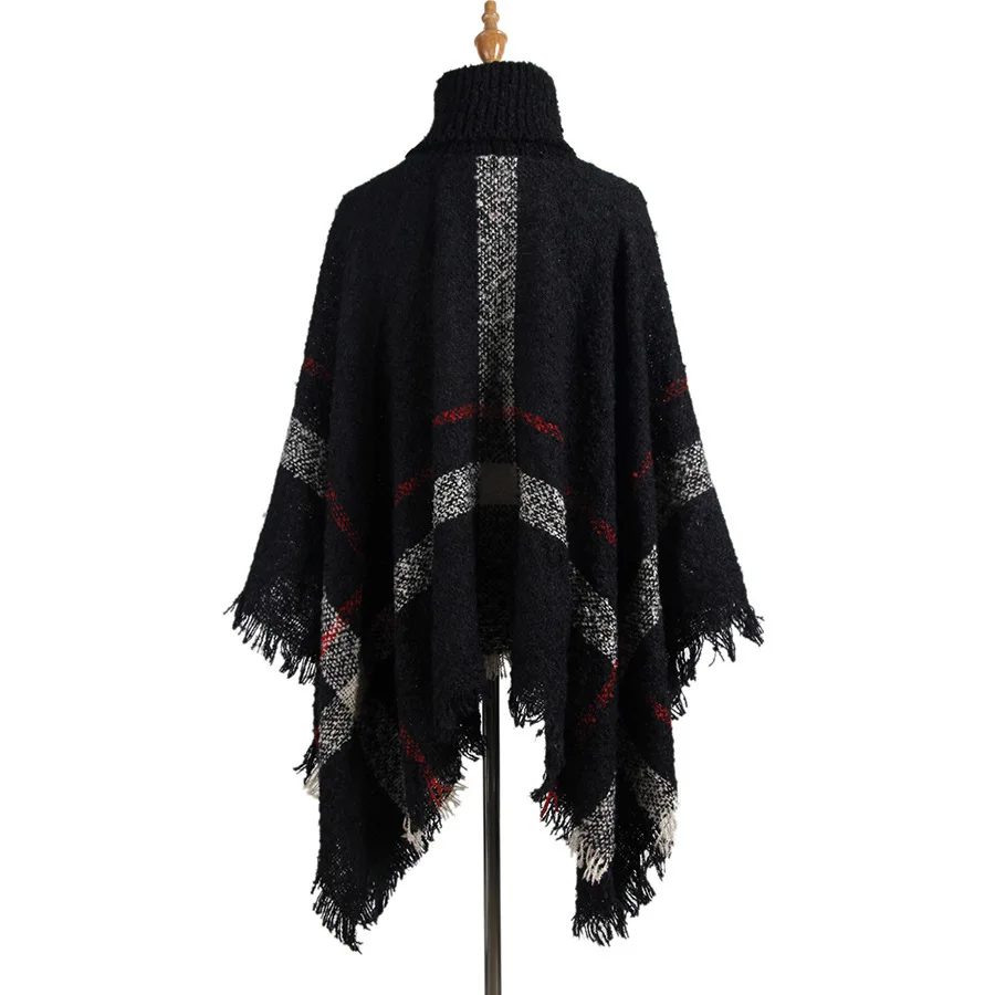 Winter Women Tassel Sweater Turtleneck Batwing Sleeves Loose Knit Capes Plaid Elegant Oversize Streetwear Knit Poncho