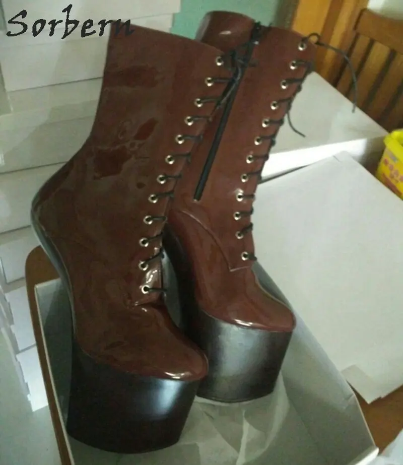 Brown Shiny Sorbern/пикантные ботинки на высоком каблуке 20 см; женские ботинки Gaga; полуботинки; женские ботинки унисекс; обувь для БДСМ размера плюс - Цвет: Brown Shiny