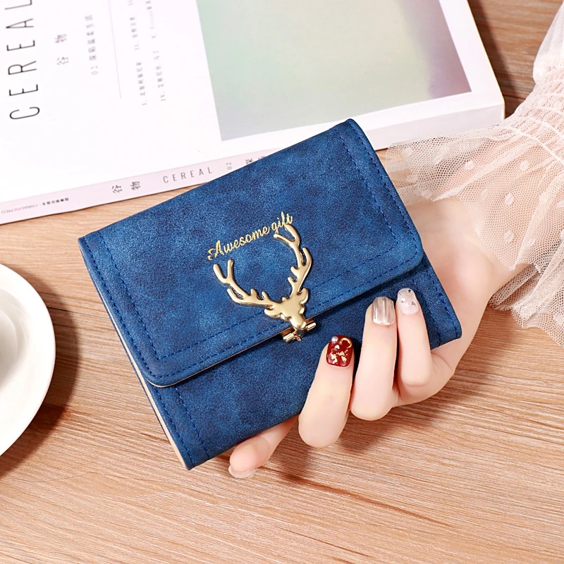 Короткий кошелек женский корейский студенческий милый маленький Свежий Дикий Цвет Олень складной кошелек - Цвет: Royal blue