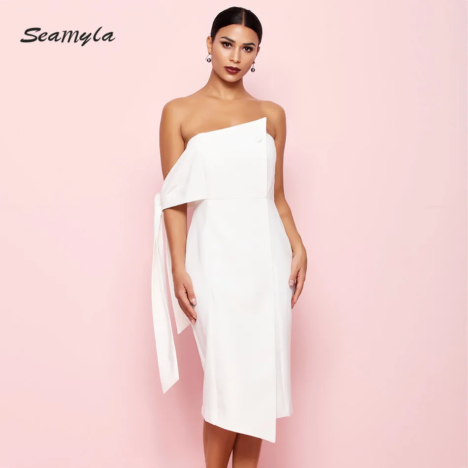 

Seamyla Elegant Celebrity Party Dress 2020 New Summer White Pink Blue Black Vestidos Women Sexy Off The Shoulder Runway Dress