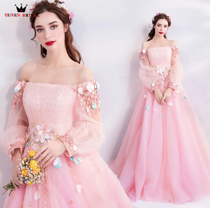 

A-line Long Sleeve Tulle Flowers Formal Pink Elegant Evening Dresses 2018 New Party Dress Evening Gown Robe De Soiree MT37