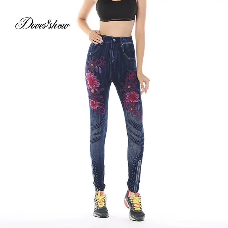 Fashion Slim Women Leggings Faux Denim Jeans Leggings Sexy Hole Heart Printing Casual Women Clothing Pencil Pants Plus size - Цвет: bottom zipper