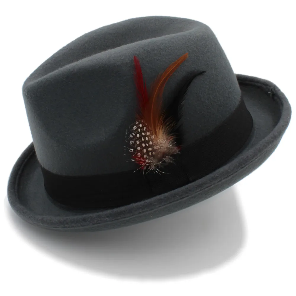 

Women Men's Feminino Felt Fedora Hat For Lady Winter Autumn Wool Church Roll Up Brim Homburg Jazz Hat Feather Hat