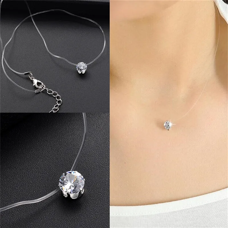 1Pc New Arrival Silver Color Dazzling Zircon Necklace Transparent Invisible Fishing Line