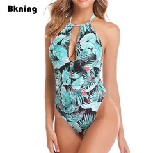 Цельный купальник с высоким воротом, большие размеры, Badpak Mujer,, Tikini, купальный костюм с принтом листьев, с вырезом на шее, с открытой спиной, монокини, большой XXL