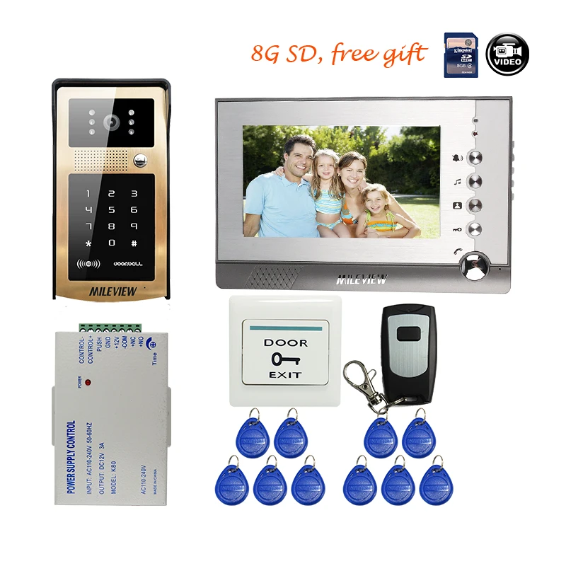 

Free Shipping 7" Color Screen Recorder Video Door Phone Intercom System + Outdoor Goden RFID Code Keypad Doorbell Camera + 8G SD