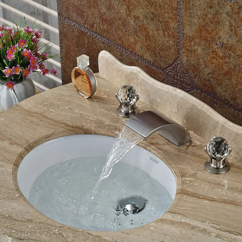 

Newly Arrived Bathroom Lavatory Basin Mixer Faucet Waterfall Widespread with Two Handles Brushed