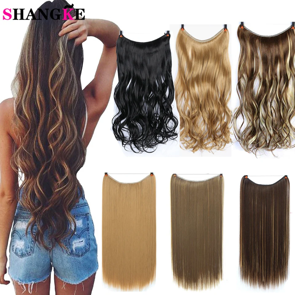 SHANGKE 22'' Invisible Wire No Clips in Hair Extensions Secret Fish Line Hairpieces Silky Straight real natural Synthetic
