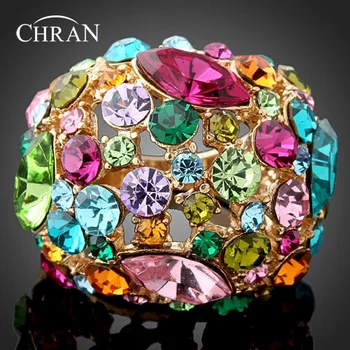 

Chran Brand Ladies Accessories Faux Pearl Flower Rings Jewelry Fashion Gold Color Sparkling Crystal Finger Rings for Women