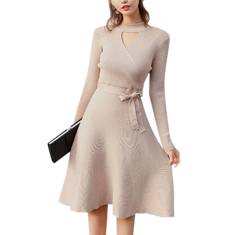 

Sexy Halter Knitting Sweater Dress Women Elegant Lace-up Autumn Winter Dress Bodycon Long Sleeve Slim Dress Vestidos Femme