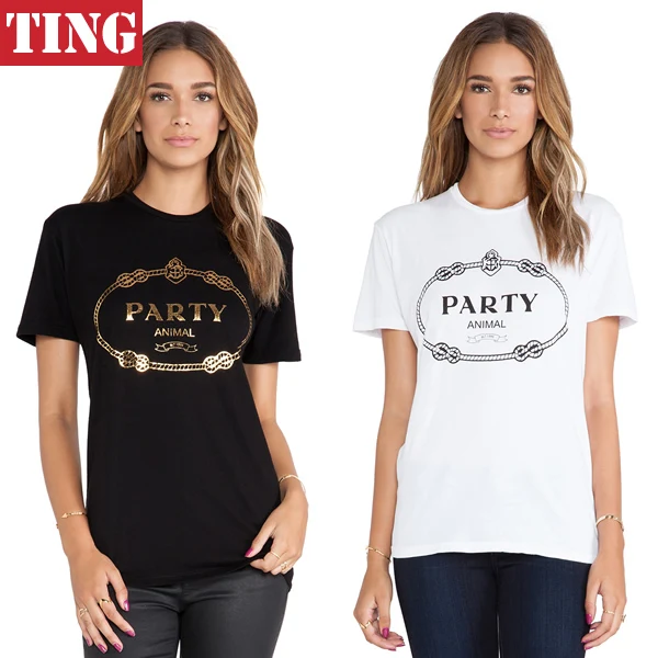 New Black White PARTY ANIMAL Gold Letters print Women T shirt Brand