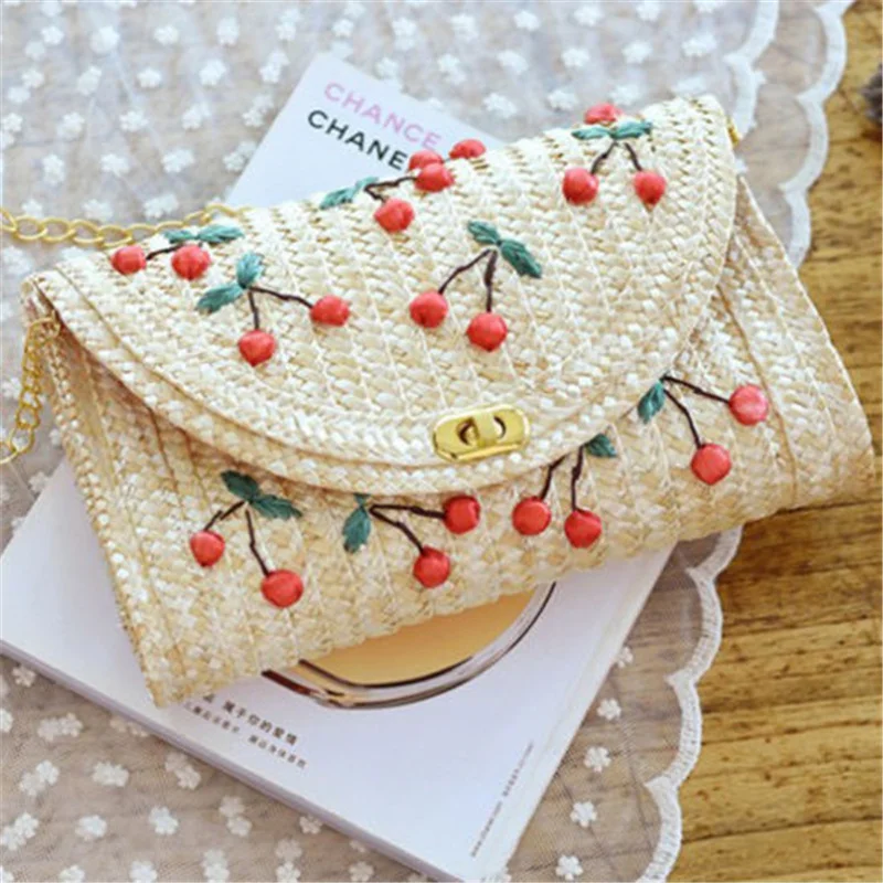 

Women Summer Mini Straw Beach Tote Messenger Crossbody Shoulder Bag Handbag 2019 Fruit Cherry Straw Handbag Summer Beach Bag
