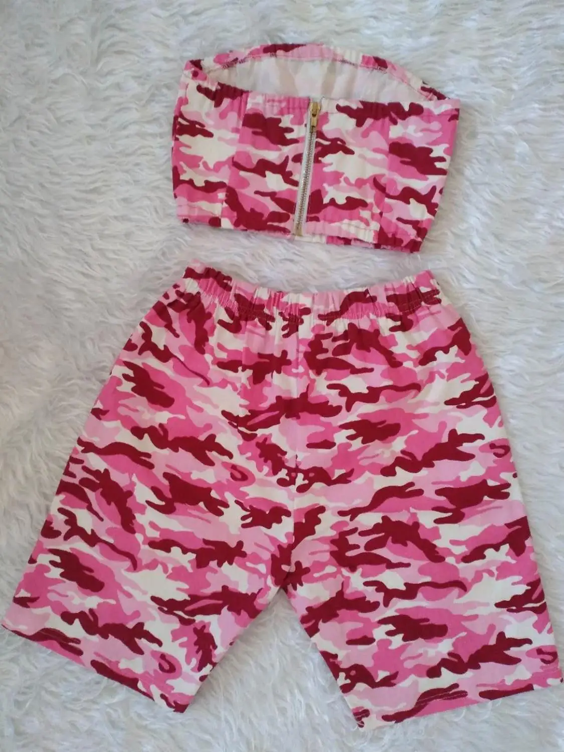 Women Sexy Short Two Piece Set Boob Tube Crop Tops and Biker Shorts 2 Piece Set Pink Camouflage Bodycon Matching Sets Plus Size