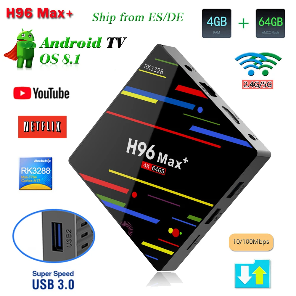 RK3328 Quad-Core 64bit Smart Android 8,1 ТВ коробка H96 Max + 4 ГБ Оперативная память 64 ГБ Встроенная память H.265 2,4 г/5 г Wi-Fi Media Player H96 Max 4 К телеприставки