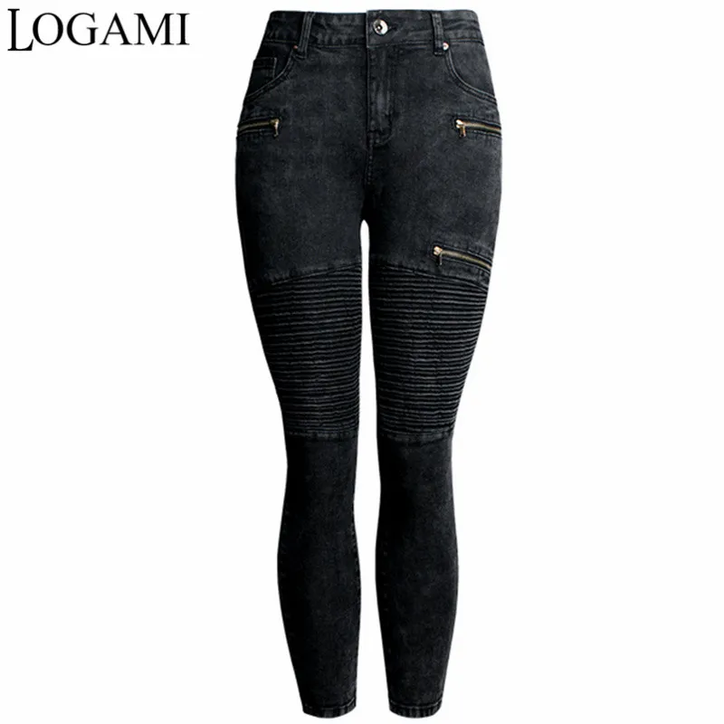 Logami New Black Motorcycle Biker Zip Jeans Woman Stretch Denim Skinny ...
