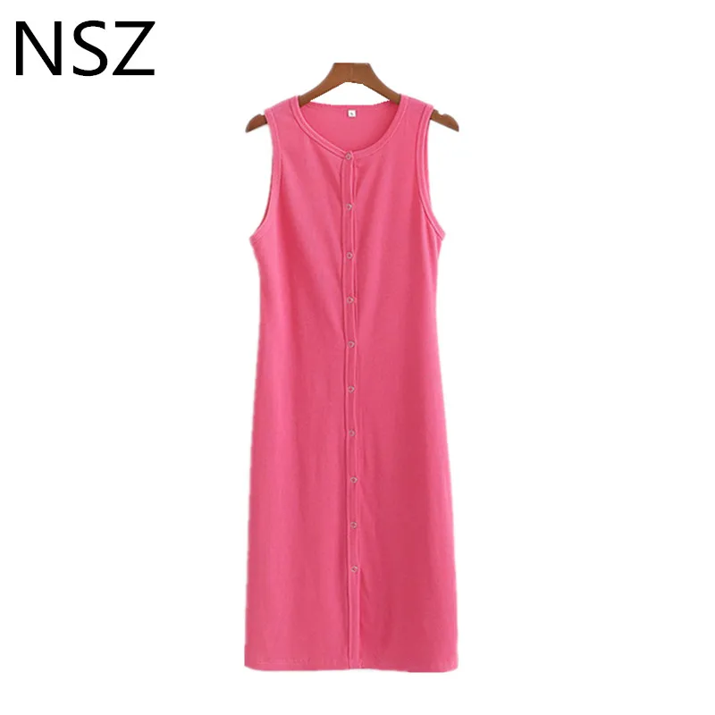 

NSZ Women Summer Sleeveless Dress Knitted Midi Dress Button High Slit Knit Tank Dresses