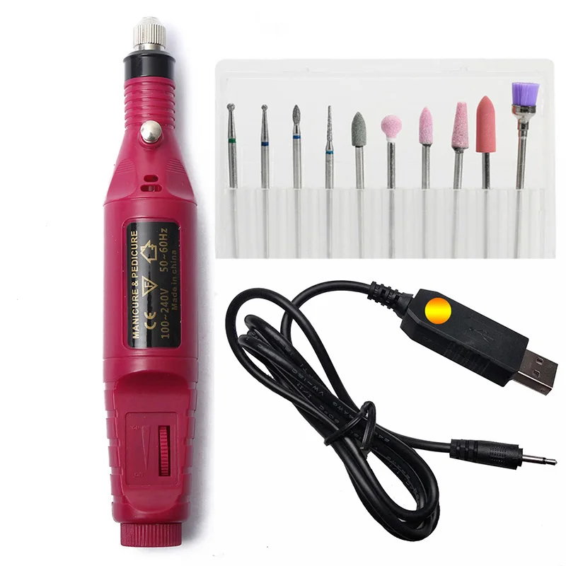 

1set 10 Bits Nail Drill Electric Manicure Machine Gel Cuticle Cutter 20000RPM Nail Art Mill Tool New Design 9V USB Apparatus Kit