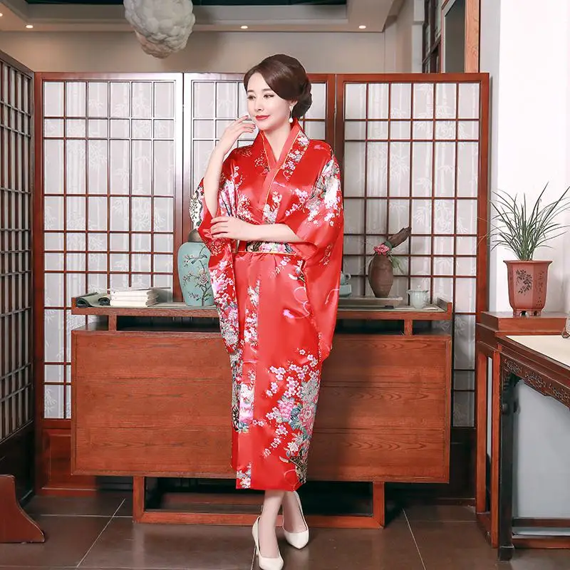 Традиционная одежда для косплея красное сексуальное женское кимоно с павлином халат платье юката с Obi японский стиль вечернее платье - Цвет: Red Style A