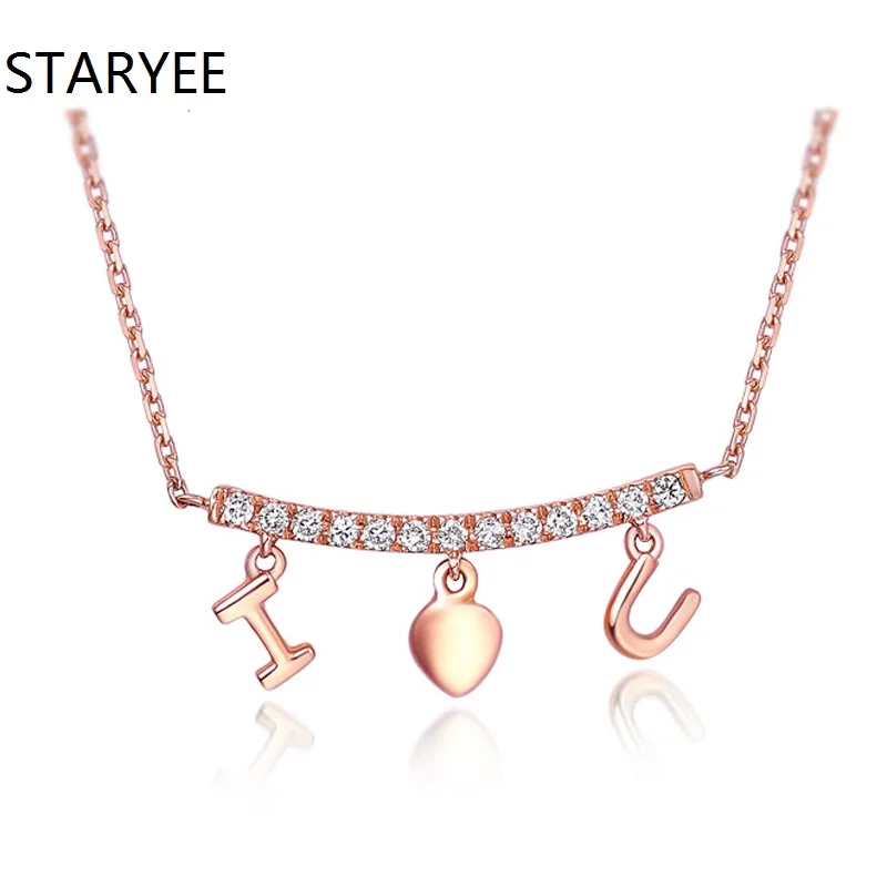 

STARYEE Genuine 18K Rose Gold Jewelry Romantic 0.1CT VS H 3EX Natural Diamonds I Love You Pendant Necklaces For Women Party Gift