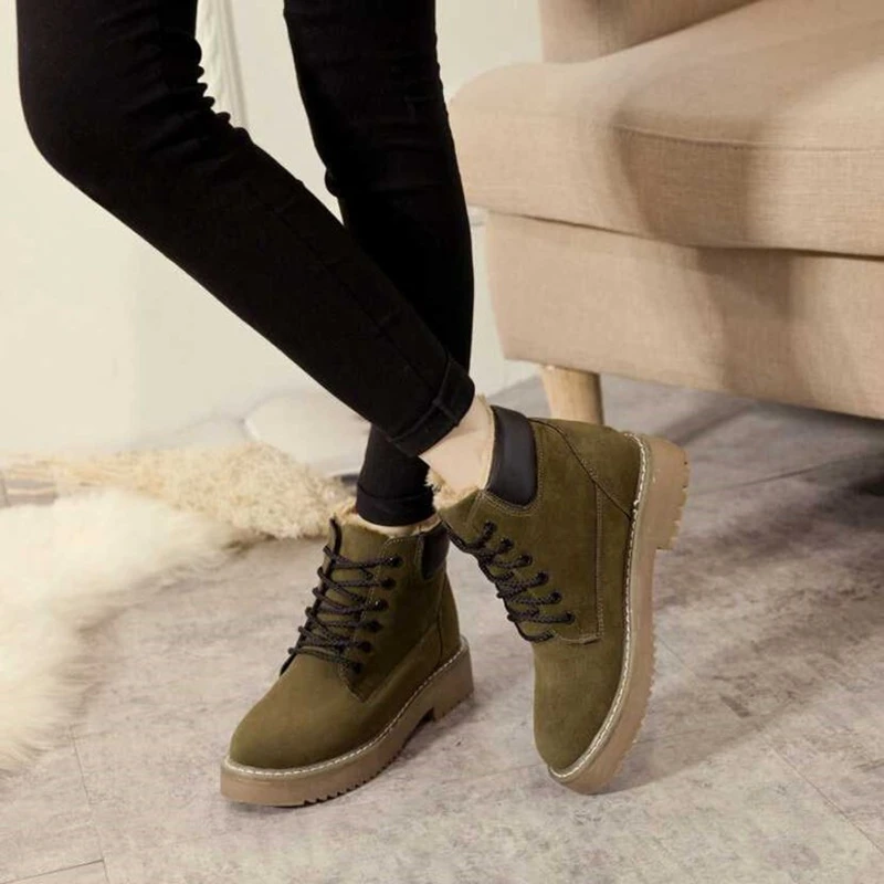 Online Winter Schuhe Frauen Flache Ferse Stiefel Mode Warme Grün Armee frauen Stiefel Marke Mode Frau Ankle Botas Harte Sohle größe 35 39