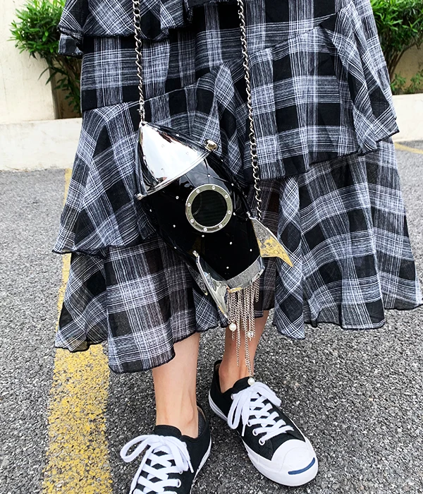 Fashion Rocket Shape Black Acrylic Pearl Tassel Diamond Women Party Clutch Bag Shoulder Bag Crossbo